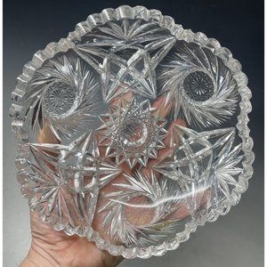 7" Antique American Brilliant Period Cut Glass Nappy Dish Bowl Hobnail Stars